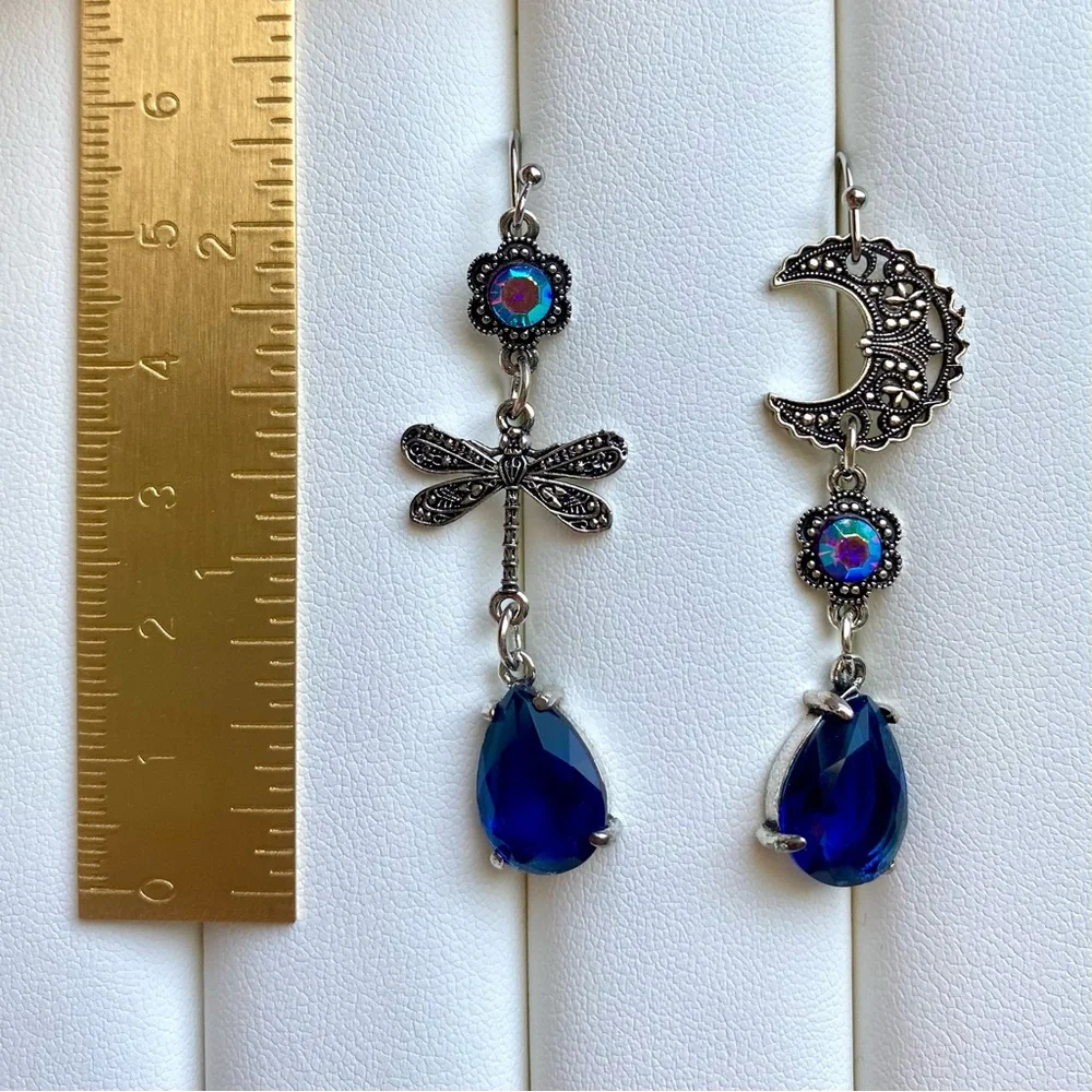 Silver and Blue Dragonfly and Moon Earrings
